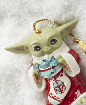Lenox Licensed Porcelain Christmas Ornament Officially Holiday Tree Collectible with Gold Accent Holiday Grogu with Stocking Ornament 897106