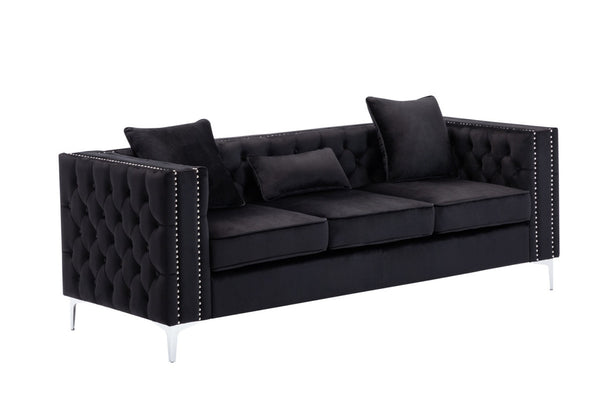 English Elm Lorreto Tufted Velvet Sofa with Nailhead Trim and Chrome Legs for Glam Living Rooms B061S00581