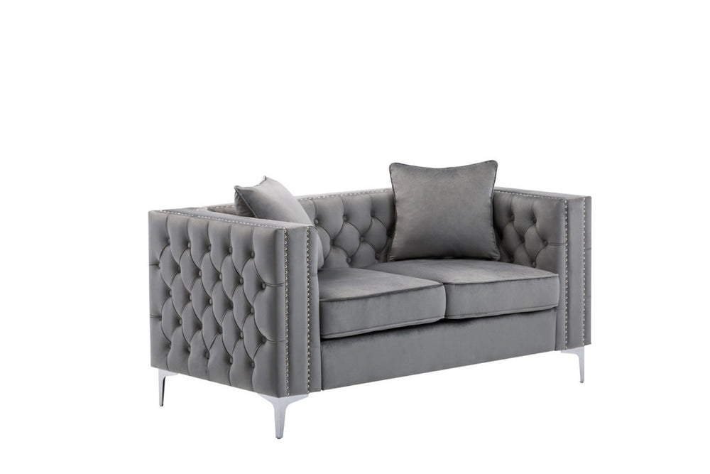 English Elm Lorreto Tufted Gray Velvet Loveseat with Nailhead Trim and Chrome Legs B061S00584