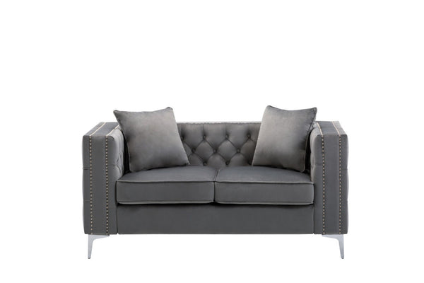 English Elm Lorreto Tufted Gray Velvet Loveseat with Nailhead Trim and Chrome Legs B061S00584