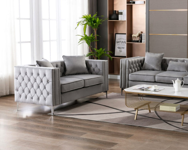 English Elm Lorreto Tufted Gray Velvet Loveseat with Nailhead Trim and Chrome Legs B061S00584