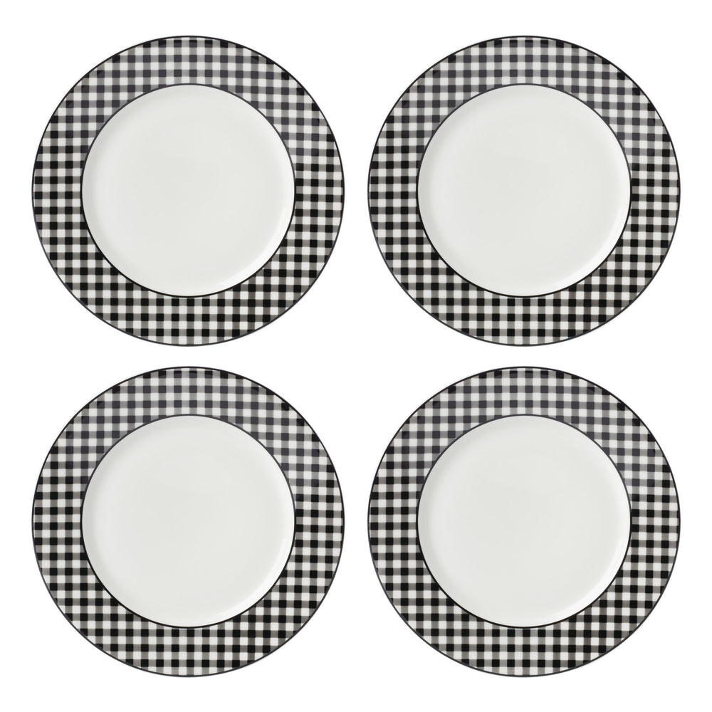 Lenox Gingham Porcelain Dinner Plates Set of 4 Checkered Rim Dishwasher Safe for Casual Dining Black 897164