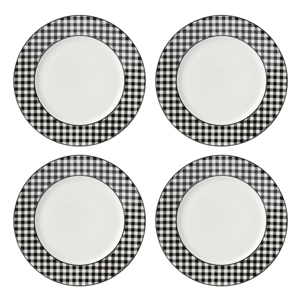 Lenox Gingham Porcelain Dinner Plates Set of 4 Checkered Rim Dishwasher Safe for Casual Dining Black 897164