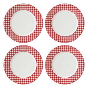 Lenox Gingham Porcelain Dinner Plates Set of 4 Checkered Rim Dishwasher Safe for Casual Dining Red 897165
