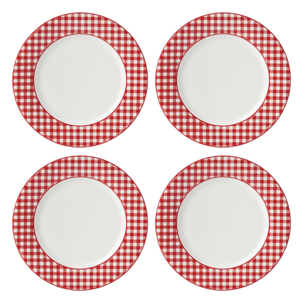 Lenox Gingham Porcelain Dinner Plates Set of 4 Checkered Rim Dishwasher Safe for Casual Dining Red 897165