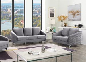 English Elm Sofia Velvet Tufted Sofa and Loveseat Set with Chrome Legs for Glam Living Rooms Gray B061S00588