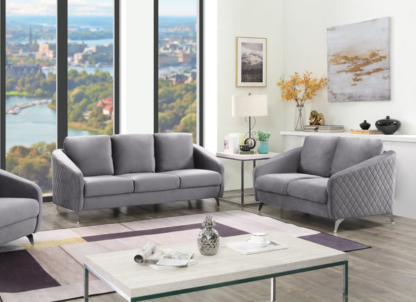 English Elm Sofia Velvet Tufted Sofa and Loveseat Set with Chrome Legs for Glam Living Rooms Gray B061S00588