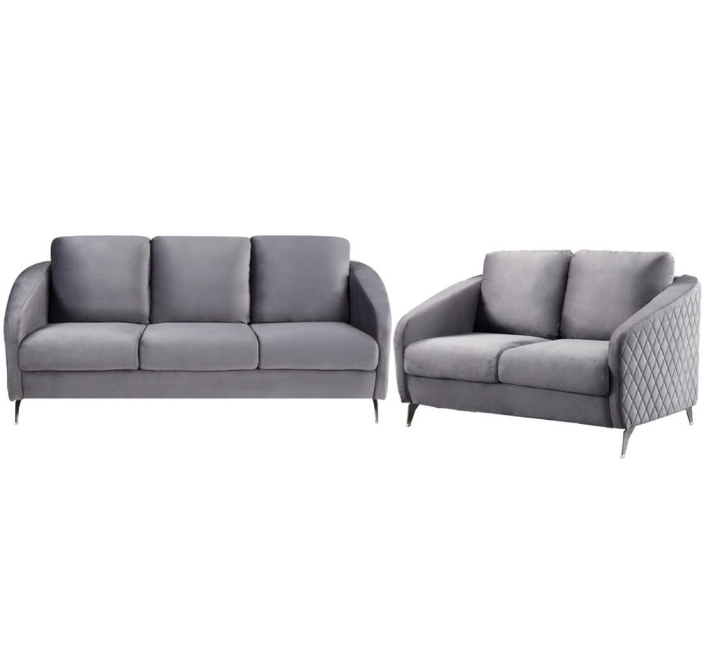 English Elm Sofia Velvet Tufted Sofa and Loveseat Set with Chrome Legs for Glam Living Rooms Gray B061S00588