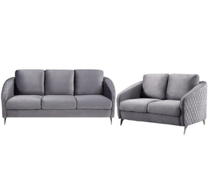 English Elm Sofia Velvet Tufted Sofa and Loveseat Set with Chrome Legs for Glam Living Rooms Gray B061S00588