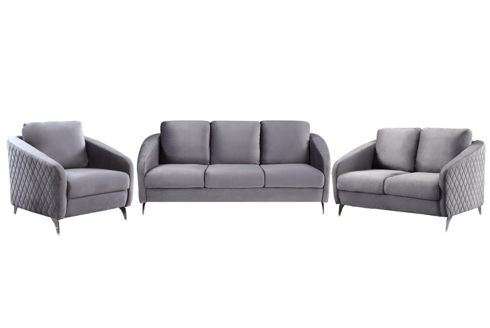 English Elm Sofia Diamond Tufted Velvet Three Piece Sofa Set with Chrome Legs for Living Room Gray B061S00069