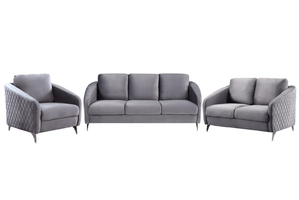 English Elm Sofia Diamond Tufted Velvet Three Piece Sofa Set with Chrome Legs for Living Room Gray B061S00069
