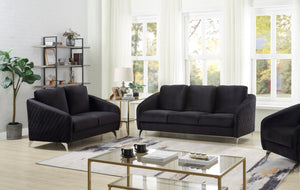 English Elm Sofia Velvet Tufted Sofa and Loveseat Set with Chrome Legs for Glam Living Rooms Black B061S00589