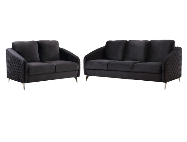 English Elm Sofia Velvet Tufted Sofa and Loveseat Set with Chrome Legs for Glam Living Rooms Black B061S00589