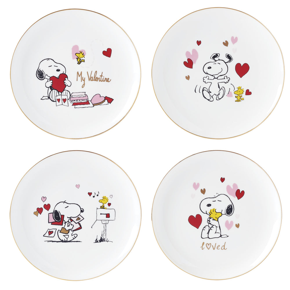 Lenox Snoopy Peanuts Porcelain Accent Plates Set of 4 with 24k Gold Band Valentine Scenes 897217