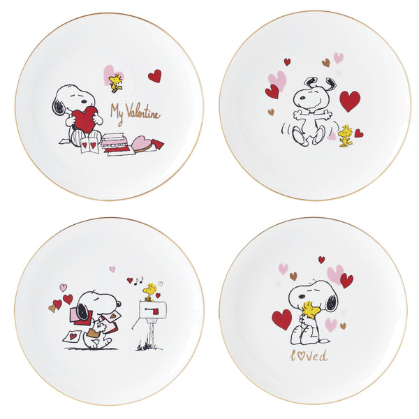 Lenox Snoopy Peanuts Porcelain Accent Plates Set of 4 with 24k Gold Band Valentine Scenes 897217