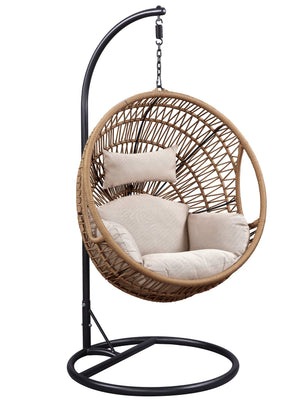 English Elm Vasant Beige Hanging Chair with Stand, Polyester Rope & Metal Frame, Removable Cushions, 26" Seat Depth B2726S00503