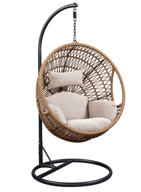 English Elm Vasant Beige Hanging Chair with Stand, Polyester Rope & Metal Frame, Removable Cushions, 26" Seat Depth B2726S00503