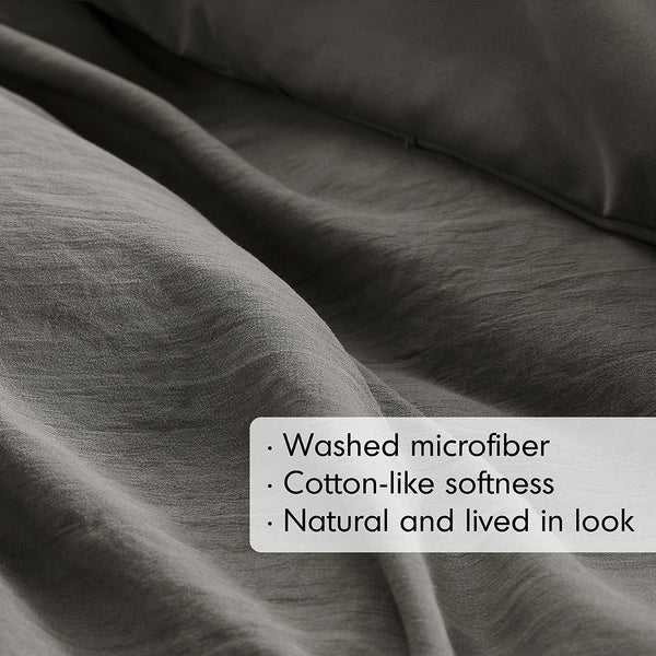 JLA Home Comfort Spaces - Soft Washed Pleated Duvet Cover Set with OEKO-TEX Soft Microfiber, Grid Pinch-Pleat, Button Closure, Breathable All-Season Comfort Grey AM12-0036