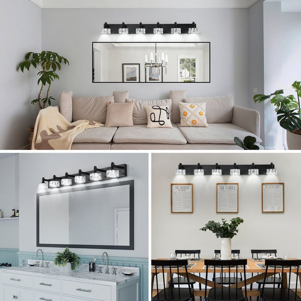 English Elm Modern 6-Light Matte Black Led Vanity Light With Crystal Shades - Elegant Bathroom Wall Sconce W2312P374904