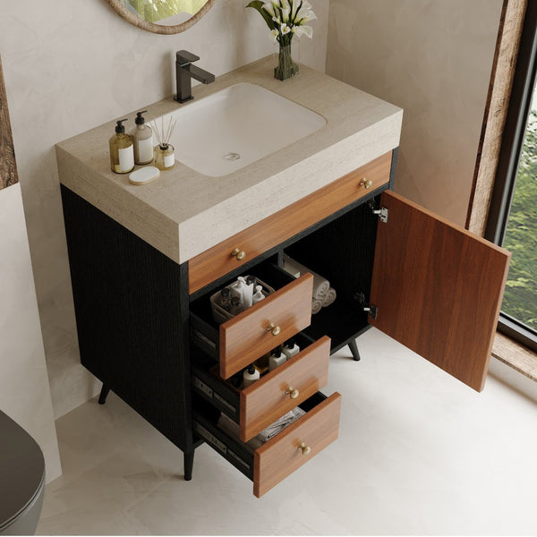 English Elm 29.9" Floating Bathroom Vanity Sintered Stone Top Soft Close Drawers Bronze Gold Hardware W3136S00043