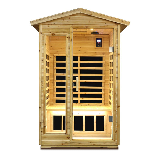 English Elm Two Person Far Infrared Outdoor Sauna Fir Wood Cabin with Bluetooth and Lcd Control W632S00031