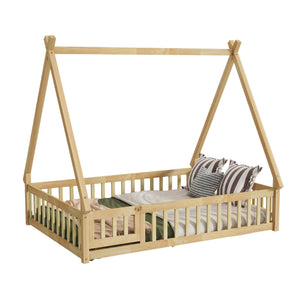 English Elm Full Size Rubber Wood Tent-Shaped Floor Bed With Guardrails & Door - Cozy, Modern Retreat For Kids W504P345788