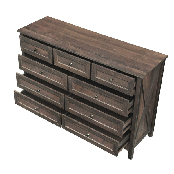 English Elm Wood Rustic Storage Dresser with 9 Drawers, Silver Handles and X Side Accents for Stylish Storage Brown N709P288888D