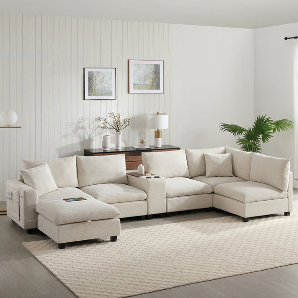English Elm 139'' U-shaped Corduroy Sectional with Ottoman Console Usb Port and Cup Holders for Living Beige N723S1166A