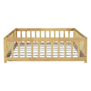 English Elm Twin Size Rubberwood Floor Bed with Safety Fence for Toddler Rooms Natural Finish W504P370533