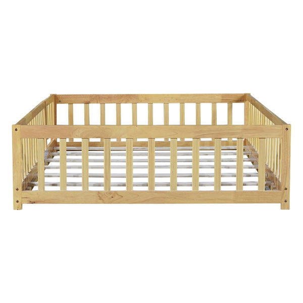 English Elm Twin Size Rubberwood Floor Bed with Safety Fence for Toddler Rooms Natural Finish W504P370533