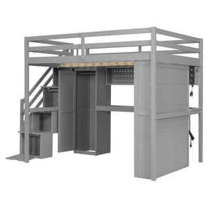 English Elm Full Loft Bed with Integrated Wardrobe Desk Shelving and Led Lighting for Teen Rooms Grey LT000927AAE