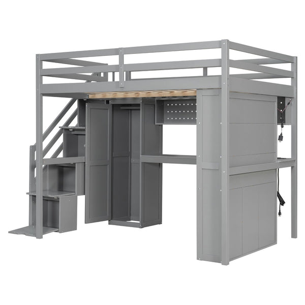 English Elm Full Loft Bed with Integrated Wardrobe Desk Shelving and Led Lighting for Teen Rooms Grey LT000927AAE