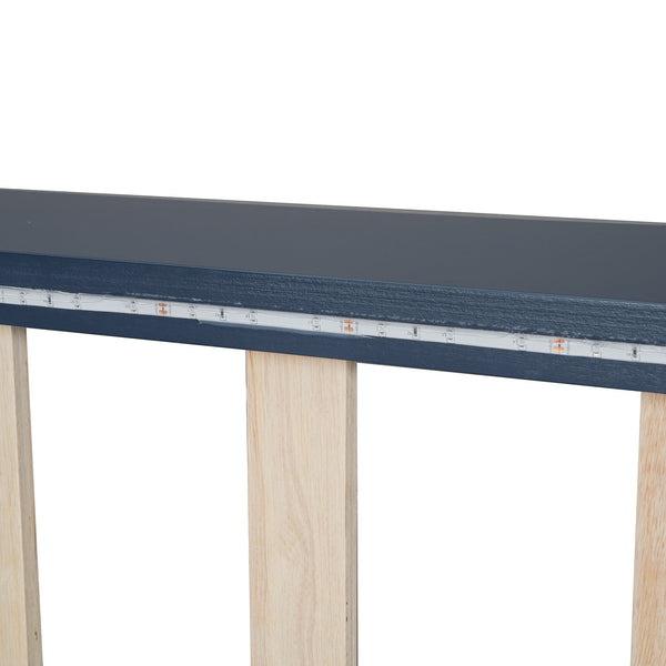 English Elm Wood Twin Race Car Platform Bed with LED Lighting, Upholstered Headrest, Sturdy Pine Build Blue GX002218AAC