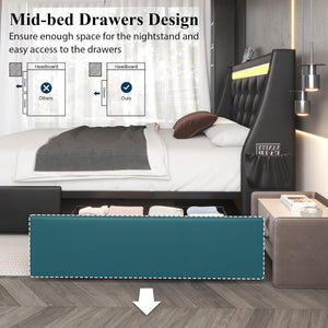 English Elm Queen Platform Bed Wingback Diamond Quilted Headboard Led Lighting Storage Drawers Black W5722P462684