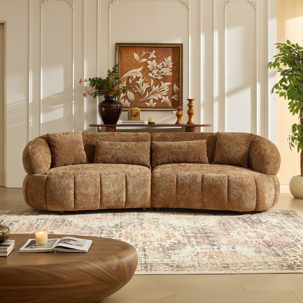 English Elm 102.36 Inch Curved Boucle Sectional Sofa Four Seat Mid Century Modern Living Room Brown W2582S00188