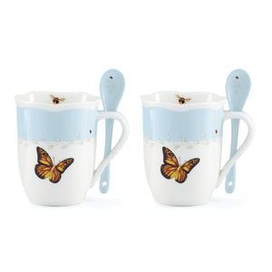 Lenox Butterfly Meadow Porcelain Mug Set with Spoons Floral Botanical Garden Tea Service Blue 897800
