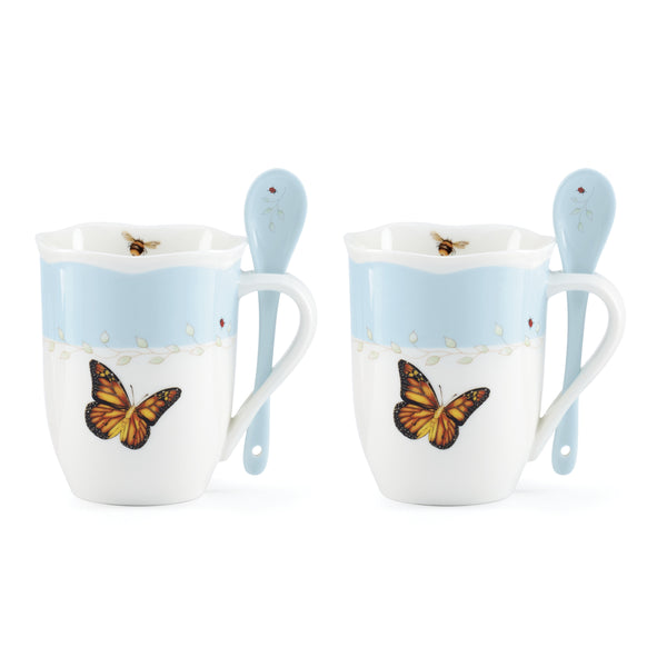 Lenox Butterfly Meadow Porcelain Mug Set with Spoons Floral Botanical Garden Tea Service Blue 897800