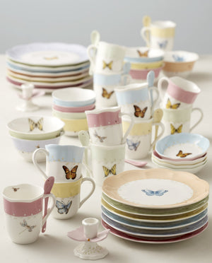 Lenox Butterfly Meadow Porcelain Mug Set with Spoons Floral Botanical Garden Tea Service Blue 897800