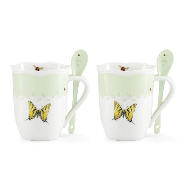 Lenox Butterfly Meadow Porcelain Mug Set with Spoons Floral Botanical Garden Tea Service Green 897802