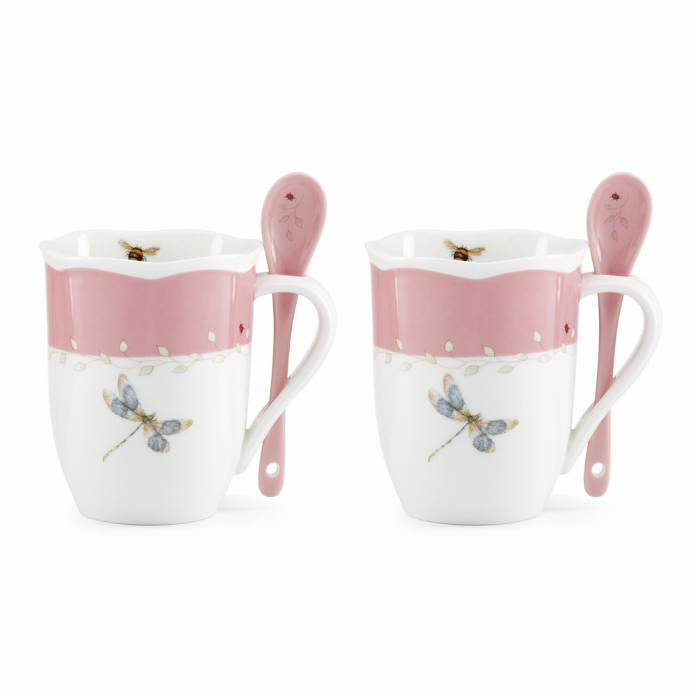 Lenox Butterfly Meadow Porcelain Mug Set with Spoons Floral Botanical Garden Tea Service Green 897802