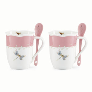Lenox Butterfly Meadow Porcelain Mug Set with Spoons Floral Botanical Garden Tea Service Pink 897803