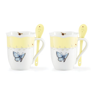 Lenox Butterfly Meadow Porcelain Mug Set with Spoons Floral Botanical Garden Tea Service Yellow 897804