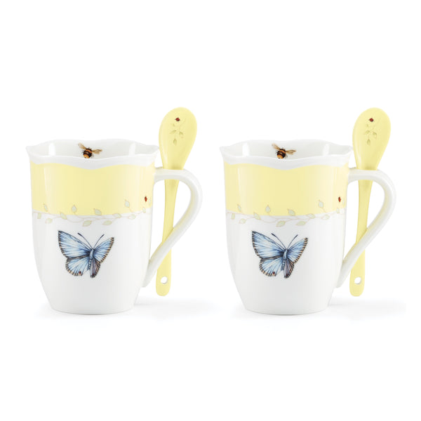 Lenox Butterfly Meadow Porcelain Mug Set with Spoons Floral Botanical Garden Tea Service Yellow 897804