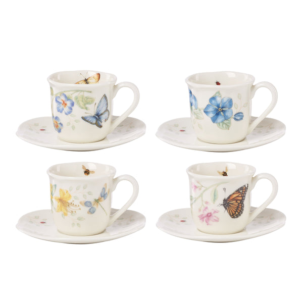 Lenox Butterfly Meadow Porcelain Espresso Set with Floral Insect Pattern and Scalloped Rims 897806