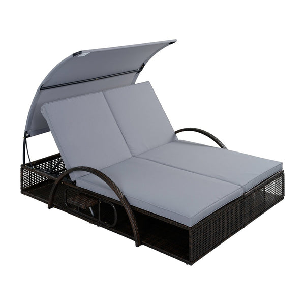 English Elm U_style Outdoor Double Sun Lounger Hdpe Wicker Steel Frame with Canopy Pop up Tables Gray WY000485AAE