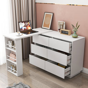 English Elm L-Shaped Adjustable Desk and Vanity Combo with 6 Drawers, Expandable Top, Triple Shelves for Office Makeup W331P286247