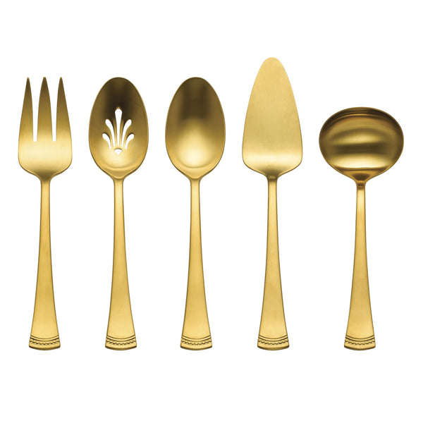 Lenox Portola Satin Gold Beaded Handle 18/10 Stainless Steel Elegant Serving Utensil Set for Hosting 5-Piece Hostess Set 897917