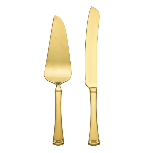 Lenox Portola Satin Gold Beaded Handle 18/10 Stainless Steel Elegant Serving Utensil Set for Hosting 2-Piece Dessert Set 897918