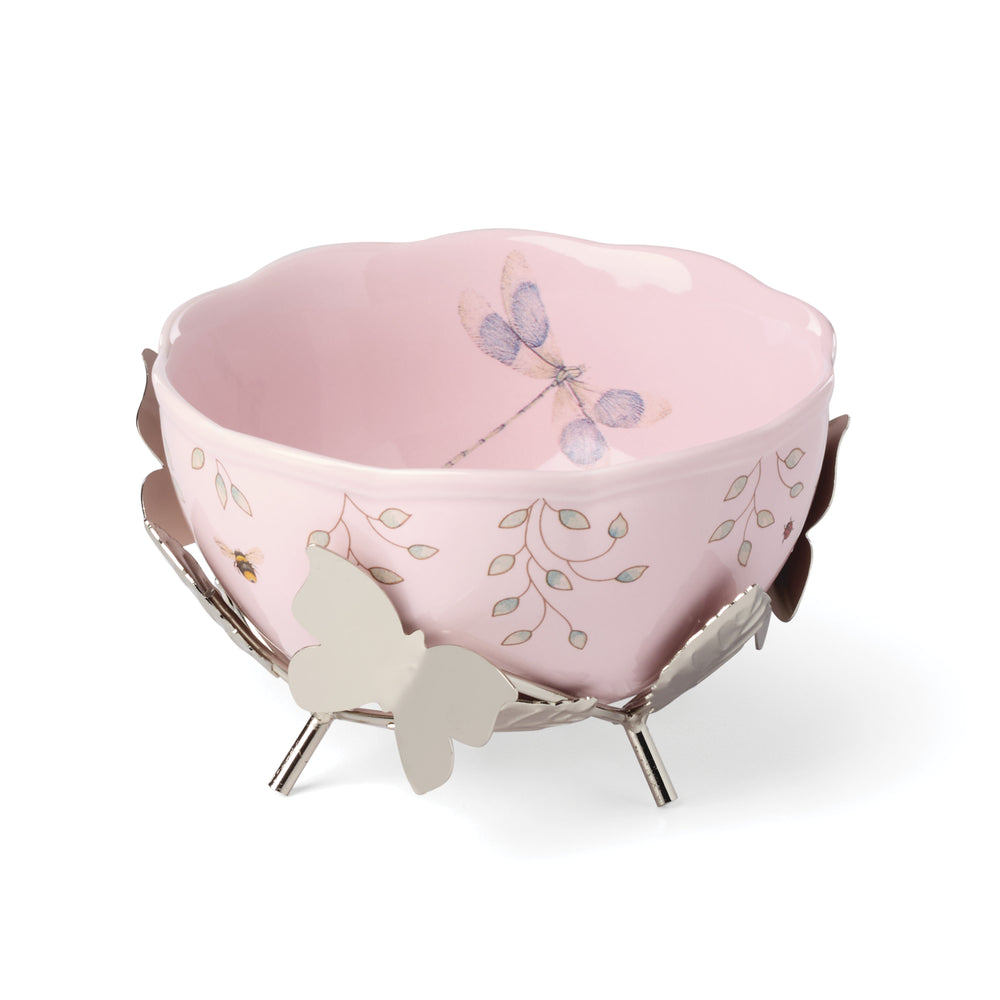 Lenox Butterfly Meadow Porcelain Bowl on Metal Stand Floral Scalloped Collectible Centerpiece Decor 4.5 x 4.5 x 3 inches 897925
