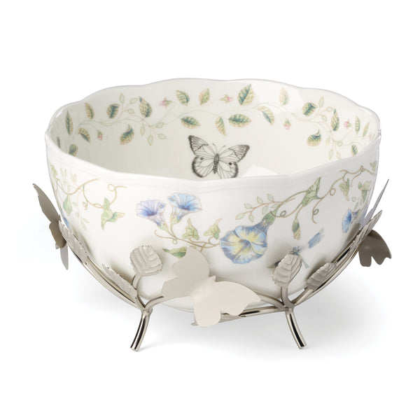 Lenox Butterfly Meadow Porcelain Bowl on Metal Stand Floral Scalloped Collectible Centerpiece Decor 9 x 9 x 5.38 inches 897926